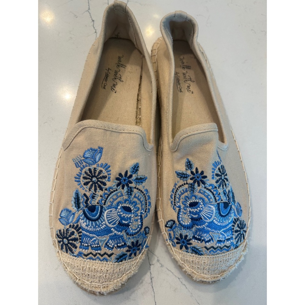 Coldwater Creek Espadrille Flats Beige Blue Floral Embroidered Slip On Shoes